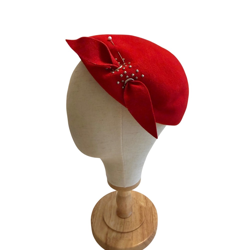 Vintage Electa Hat Red Wool Felt Bow Studded 50's Glamour Old Hollywood Pillbox